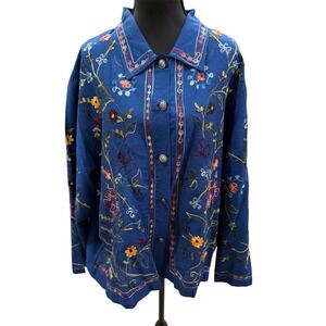 VTG 90s Tantrums Embroidered Silk Blend Top Sz L Maximalist Boho Navy Blue